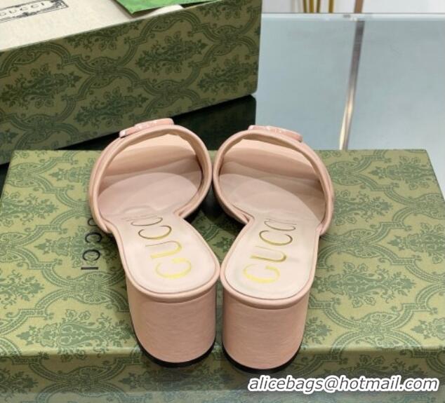 Stylish Gucci Leather Heel Slide Sandals 5.5cm with Double G All Nude Pink 407102