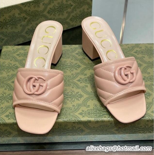 Stylish Gucci Leather Heel Slide Sandals 5.5cm with Double G All Nude Pink 407102