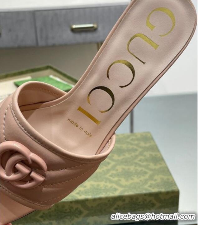 Stylish Gucci Leather Heel Slide Sandals 5.5cm with Double G All Nude Pink 407102