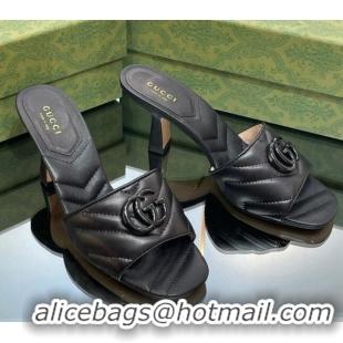 Pretty Style Gucci Leather Heel Slide Sandals 7.5cm with Double G All Black 407103