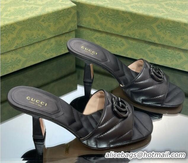 Pretty Style Gucci Leather Heel Slide Sandals 7.5cm with Double G All Black 407103