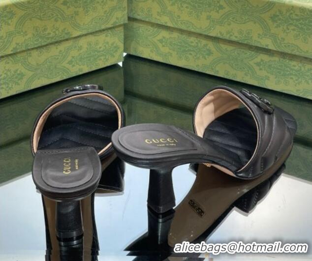 Pretty Style Gucci Leather Heel Slide Sandals 7.5cm with Double G All Black 407103