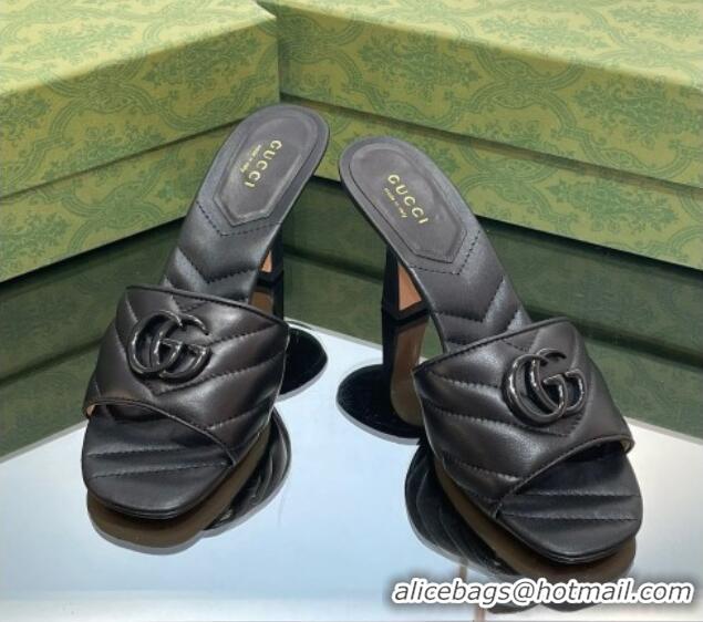 Pretty Style Gucci Leather Heel Slide Sandals 7.5cm with Double G All Black 407103