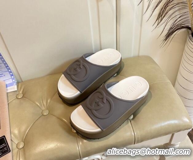 Good Quality Gucci Rubber Platform Slide Sandal with Interlocking G Grey 420111