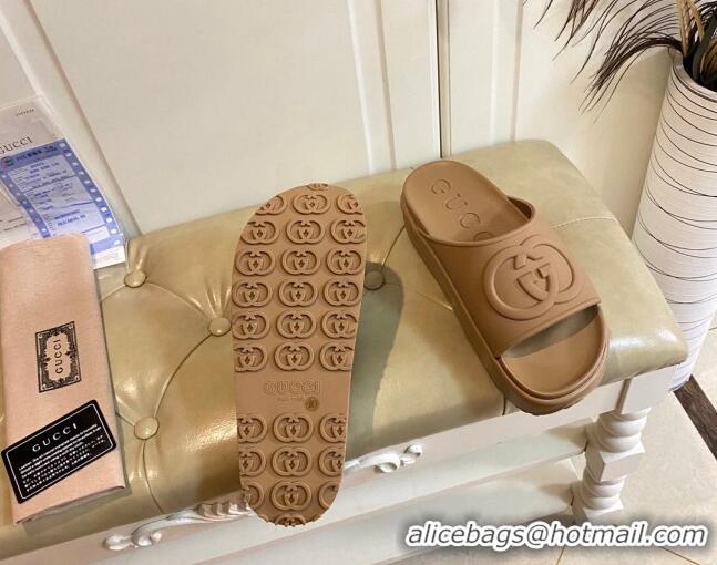 Grade Quality Gucci Rubber Platform Slide Sandal with Interlocking G Beige 420114