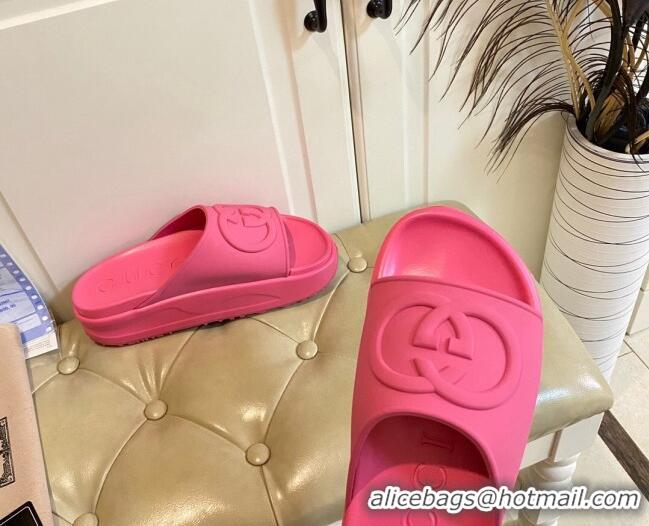 Hot Style Gucci Rubber Platform Slide Sandal with Interlocking G Dark Pink 20117