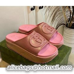 Charming Gucci Metallic Rubber Platform Slide Sandal with Interlocking G Rose Pink 420120