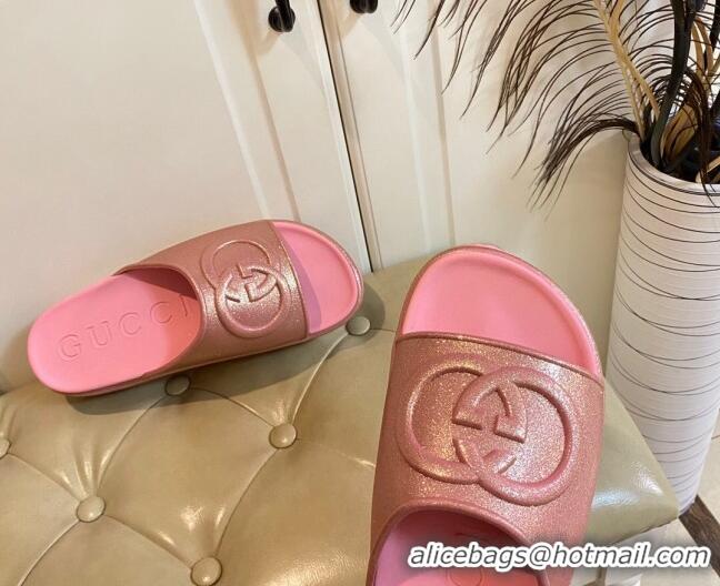 Charming Gucci Metallic Rubber Platform Slide Sandal with Interlocking G Rose Pink 420120