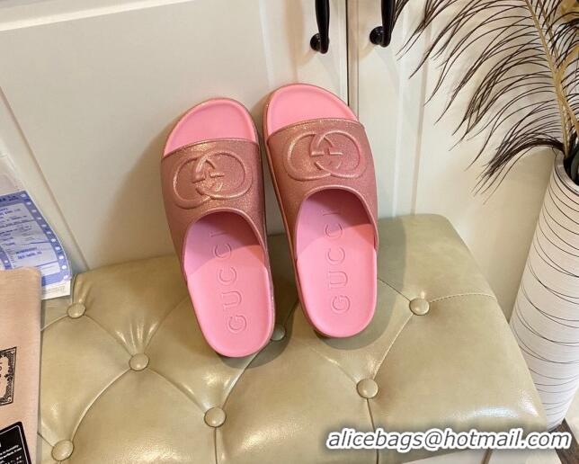 Charming Gucci Metallic Rubber Platform Slide Sandal with Interlocking G Rose Pink 420120