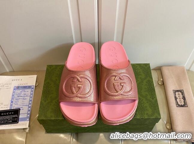 Charming Gucci Metallic Rubber Platform Slide Sandal with Interlocking G Rose Pink 420120