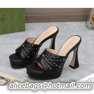 Good Looking Gucci Studded Leather Platform Slide Sandals 11 with GG Black 420121