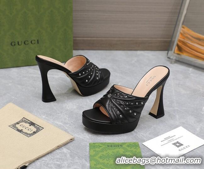 Good Looking Gucci Studded Leather Platform Slide Sandals 11 with GG Black 420121