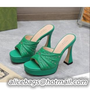 Unique Style Gucci Studded Leather Platform Slide Sandals 11 with GG Green 420122