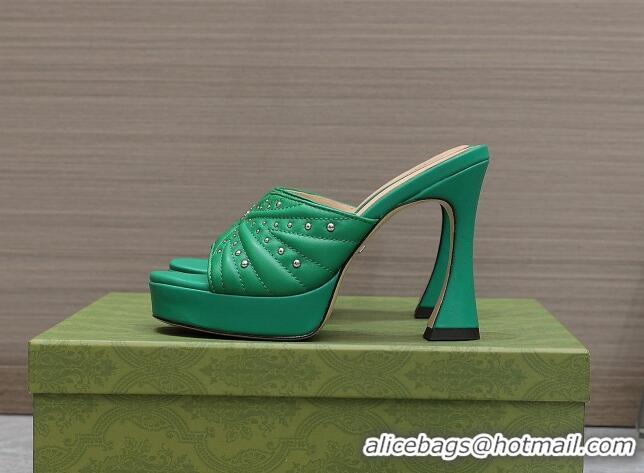 Unique Style Gucci Studded Leather Platform Slide Sandals 11 with GG Green 420122