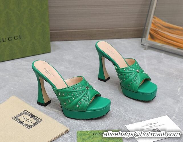 Unique Style Gucci Studded Leather Platform Slide Sandals 11 with GG Green 420122