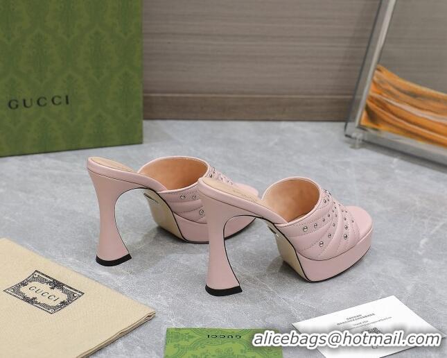 Luxury Discount Gucci Studded Leather Platform Slide Sandals 11 with GG Light Pink 420123