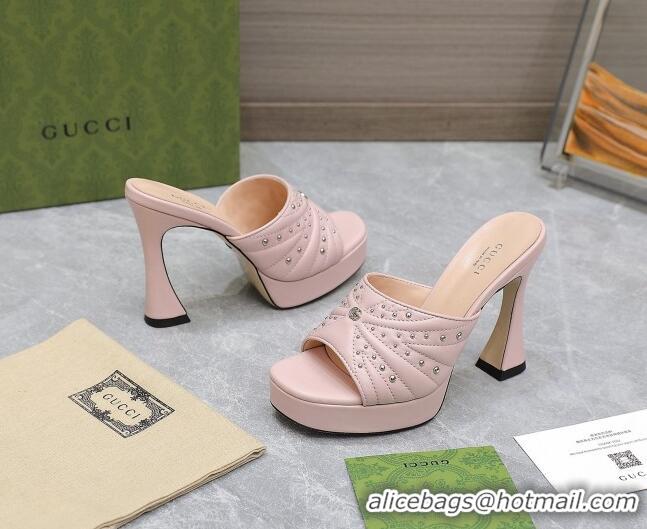 Luxury Discount Gucci Studded Leather Platform Slide Sandals 11 with GG Light Pink 420123