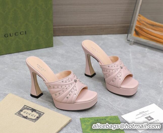 Luxury Discount Gucci Studded Leather Platform Slide Sandals 11 with GG Light Pink 420123