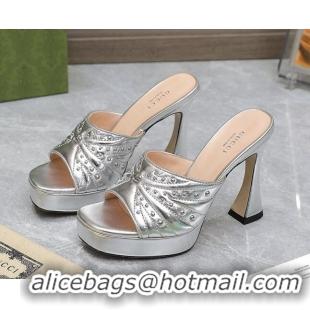 Best Product Gucci Studded Leather Platform Slide Sandals 11 with GG Silver 420125