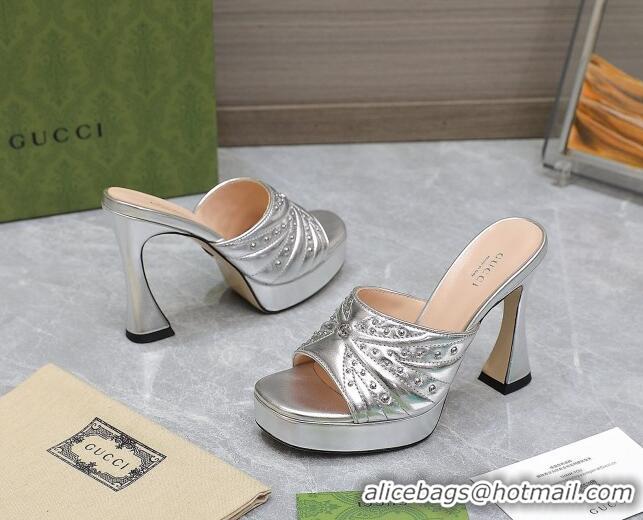 Best Product Gucci Studded Leather Platform Slide Sandals 11 with GG Silver 420125