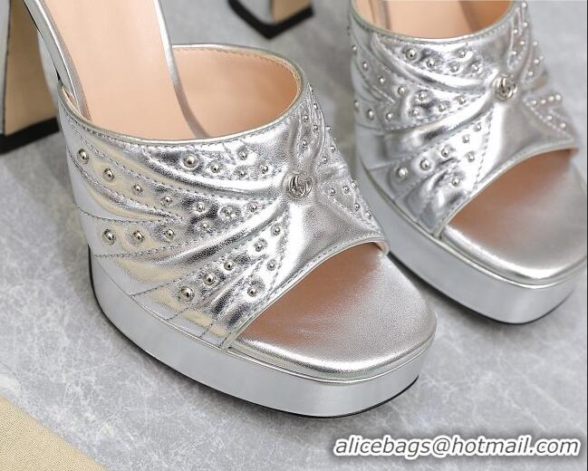 Best Product Gucci Studded Leather Platform Slide Sandals 11 with GG Silver 420125