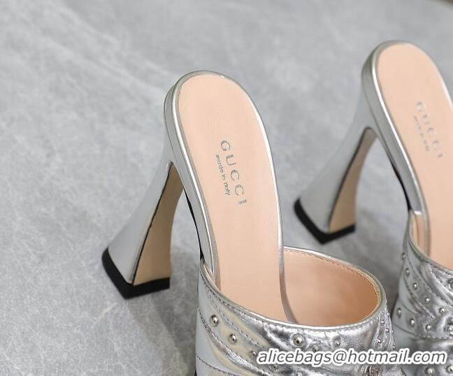 Best Product Gucci Studded Leather Platform Slide Sandals 11 with GG Silver 420125