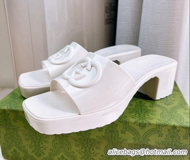 Luxurious Gucci Rubber Heel Slide Sandals 5.5cm with Interlocking G White 0425065