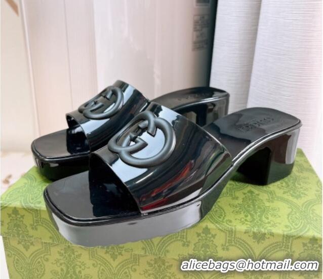 Sumptuous Gucci Rubber Heel Slide Sandals 5.5cm with Interlocking G Black 425066