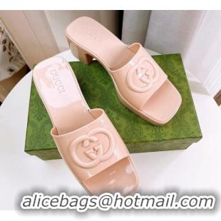 Perfect Gucci Rubber Heel Slide Sandals 5.5cm with Interlocking G Nude 425067