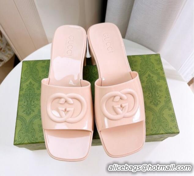 Perfect Gucci Rubber Heel Slide Sandals 5.5cm with Interlocking G Nude 425067