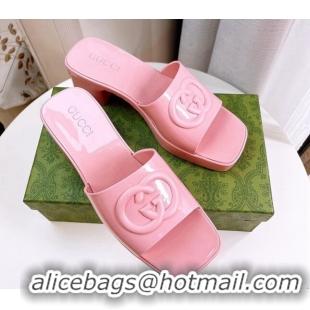 Stylish Gucci Rubber Heel Slide Sandals 5.5cm with Interlocking G Pink 425068