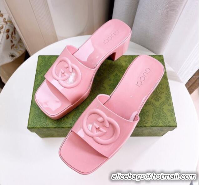 Stylish Gucci Rubber Heel Slide Sandals 5.5cm with Interlocking G Pink 425068