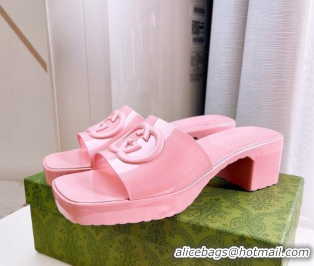 Stylish Gucci Rubber Heel Slide Sandals 5.5cm with Interlocking G Pink 425068