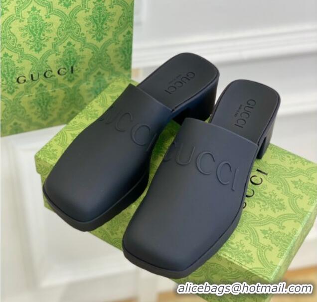 Luxurious Gucci Women's Rubber Slip-on Heel Sandals 5.5cm Black 607025