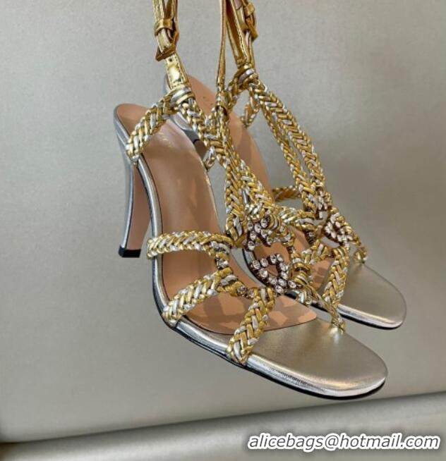 Hot Style Gucci Isa Leather Heel Sandals 9cm with Crystal Interlocking G Silver/Gold 607026