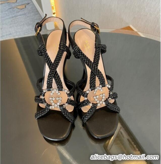 Good Quality Gucci Isa Leather Heel Sandals 9cm with Crystal Interlocking G Black 0607027