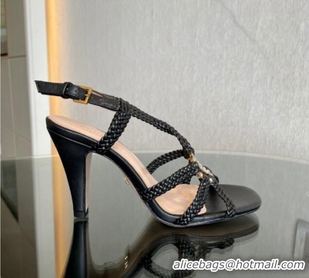 Good Quality Gucci Isa Leather Heel Sandals 9cm with Crystal Interlocking G Black 0607027