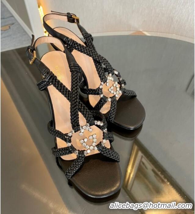 Good Quality Gucci Isa Leather Heel Sandals 9cm with Crystal Interlocking G Black 0607027