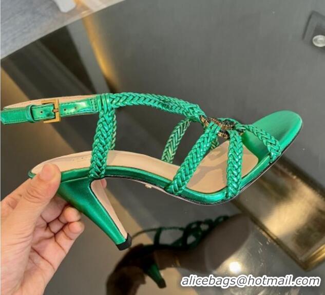 Grade Quality Gucci Isa Leather Heel Sandals 9cm with Crystal Interlocking G Green 607029