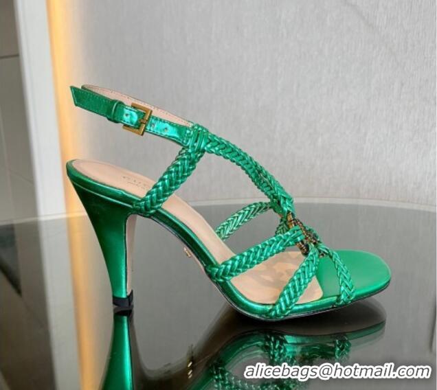 Grade Quality Gucci Isa Leather Heel Sandals 9cm with Crystal Interlocking G Green 607029