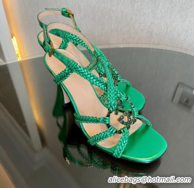 Grade Quality Gucci Isa Leather Heel Sandals 9cm with Crystal Interlocking G Green 607029