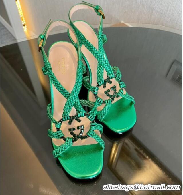 Grade Quality Gucci Isa Leather Heel Sandals 9cm with Crystal Interlocking G Green 607029