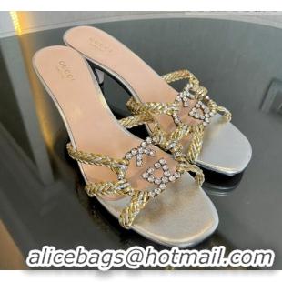 Stylish Gucci Isa Leather Heel Slide Sandals 4.5cm with Crystal Interlocking G Silver/Gold 607030