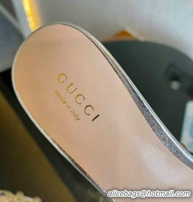 Stylish Gucci Isa Leather Heel Slide Sandals 4.5cm with Crystal Interlocking G Silver/Gold 607030