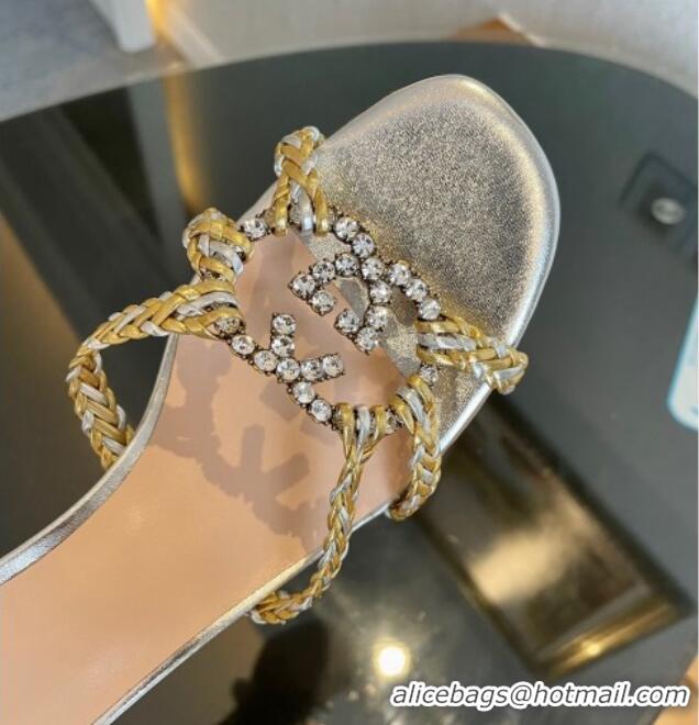 Stylish Gucci Isa Leather Heel Slide Sandals 4.5cm with Crystal Interlocking G Silver/Gold 607030