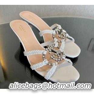 Pretty Style Gucci Isa Leather Heel Slide Sandals 4.5cm with Crystal Interlocking G White 607031