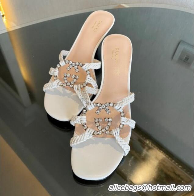 Pretty Style Gucci Isa Leather Heel Slide Sandals 4.5cm with Crystal Interlocking G White 607031