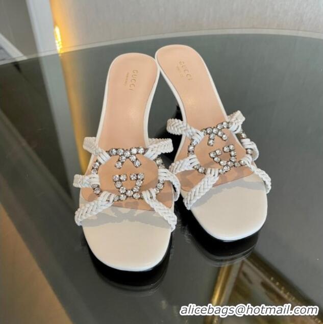 Pretty Style Gucci Isa Leather Heel Slide Sandals 4.5cm with Crystal Interlocking G White 607031