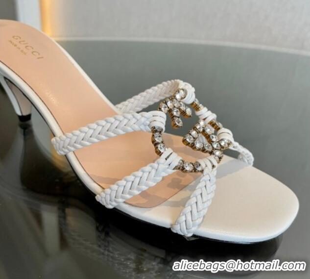 Pretty Style Gucci Isa Leather Heel Slide Sandals 4.5cm with Crystal Interlocking G White 607031