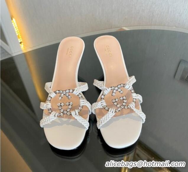 Pretty Style Gucci Isa Leather Heel Slide Sandals 4.5cm with Crystal Interlocking G White 607031